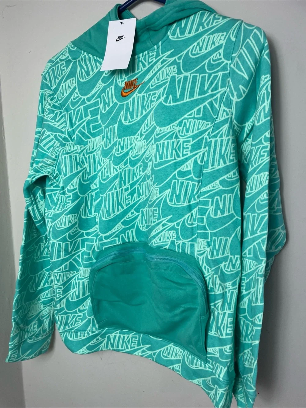 Nike Youth Teal All-Over Logo Hoodie with Orange Swoosh size Youth XL